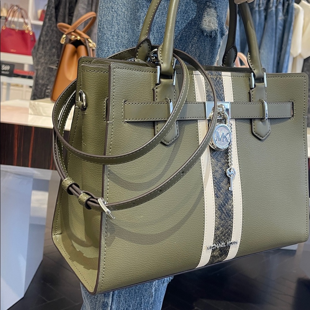 MICHAEL KORS Hamilton Md Leather and Snake Embossed Stripe Satchel
Olive 
NWT - Picture 13 of 16
